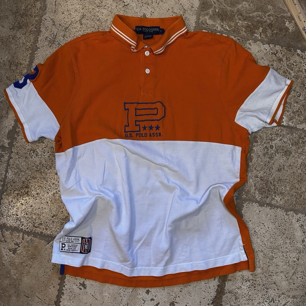 Us Polo Assn Orange White Color block Polo Shirt Men's Sz L Y2K 90s Vintage